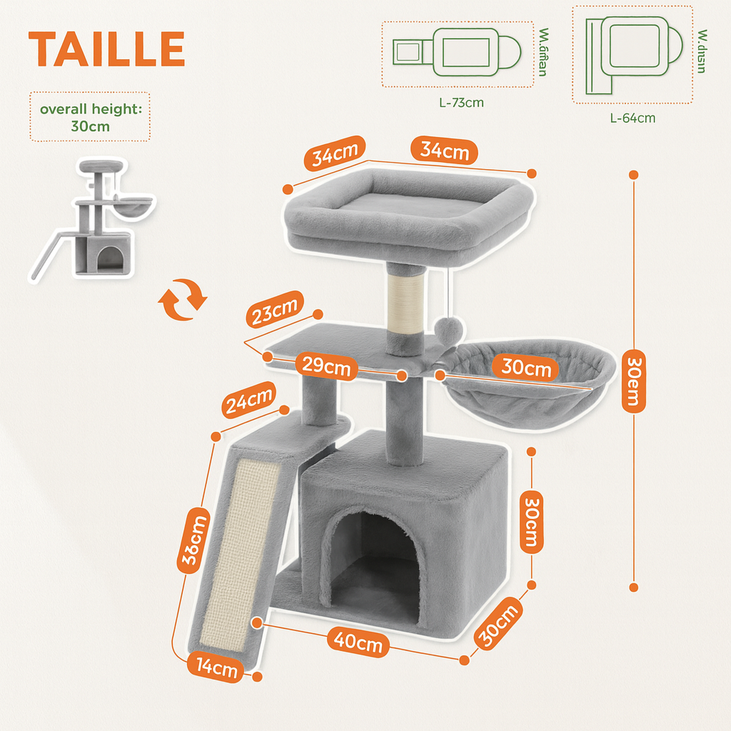 Petit Arbre à Chat Transformable pour Intérieur – Modulable, Avec Hamac, Niche, Griffoirs Sisal & Perchoir Amovible