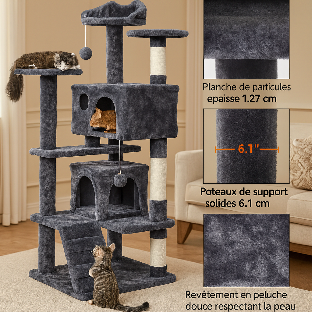 Arbre à Chat avec 2 Condos et Griffoirs – Maison Spacieuse pour Chat & Chaton, Fixation Murale, Compact et Robuste