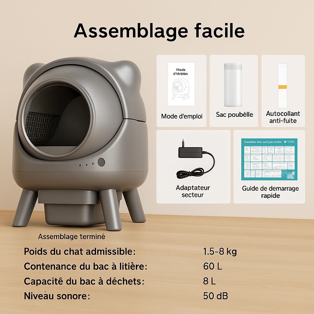 Litière Autonettoyante Connectée pour Chat – Bac XL avec App, Sécurité 10 Capteurs, Fonction Silencieuse & Nettoyage Facile