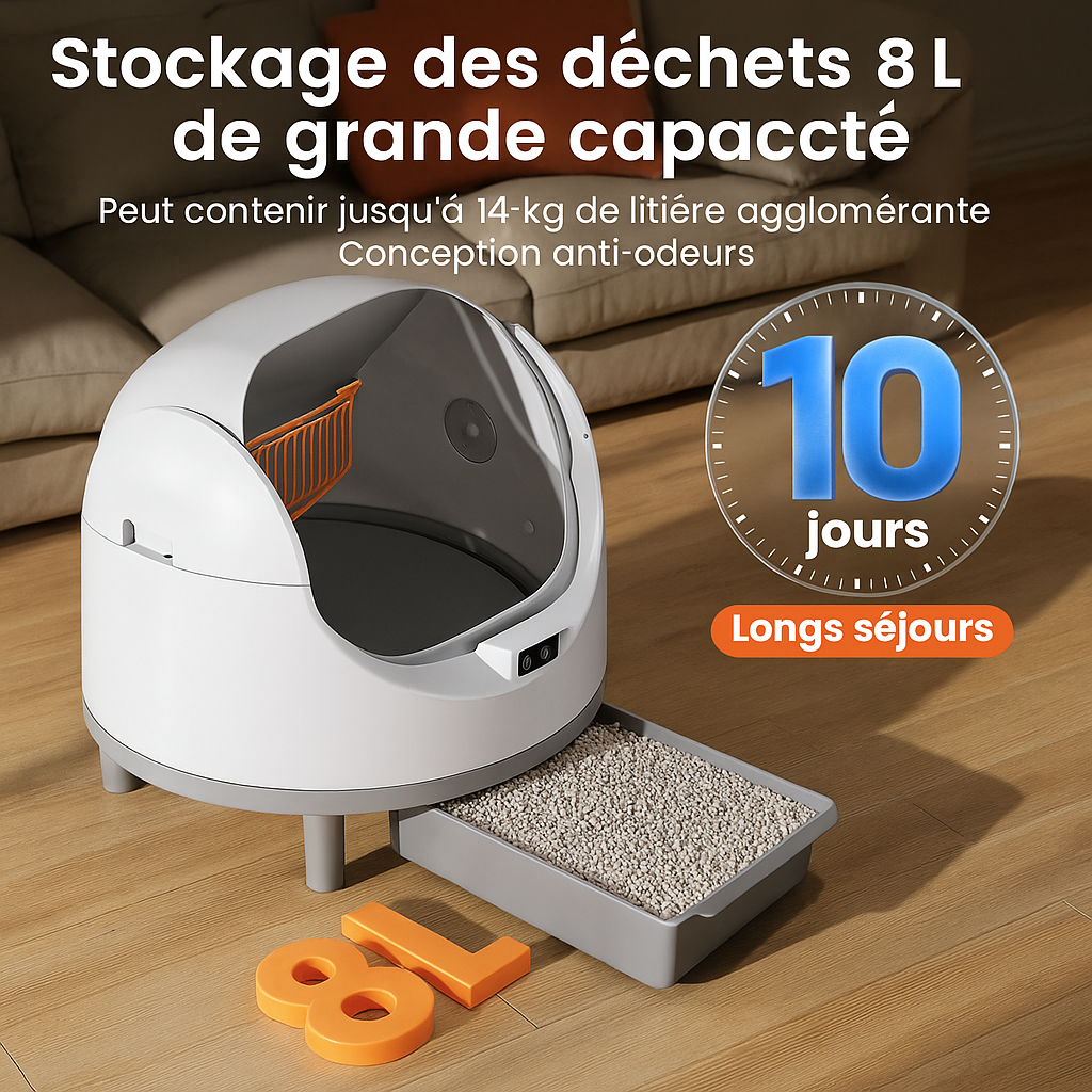 Litière Autonettoyante Connectée pour Chats – Grand Bac Ouvert avec Application, Ultra Silencieuse, Sécurisée et Idéale Multi-Chats