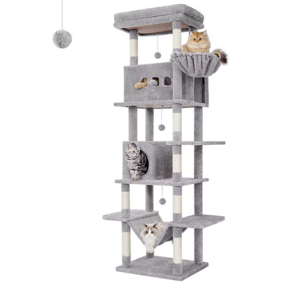 Cat Tree, 210 Cm Large Cat Tower for Indoor Cats, Multi-Level Cat House with Condo, 8 Scratching Posts, 4 Pom Poms