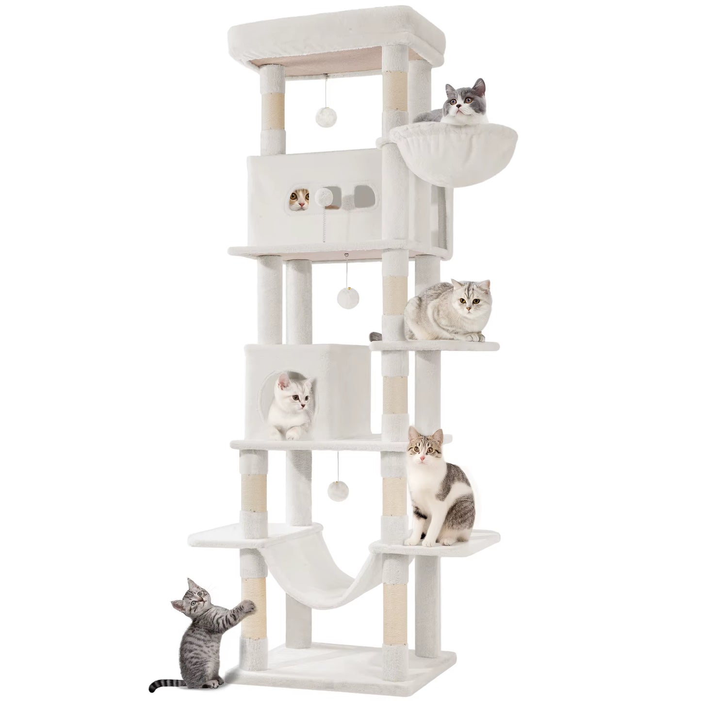 Cat Tree, 210 Cm Large Cat Tower for Indoor Cats, Multi-Level Cat House with Condo, 8 Scratching Posts, 4 Pom Poms