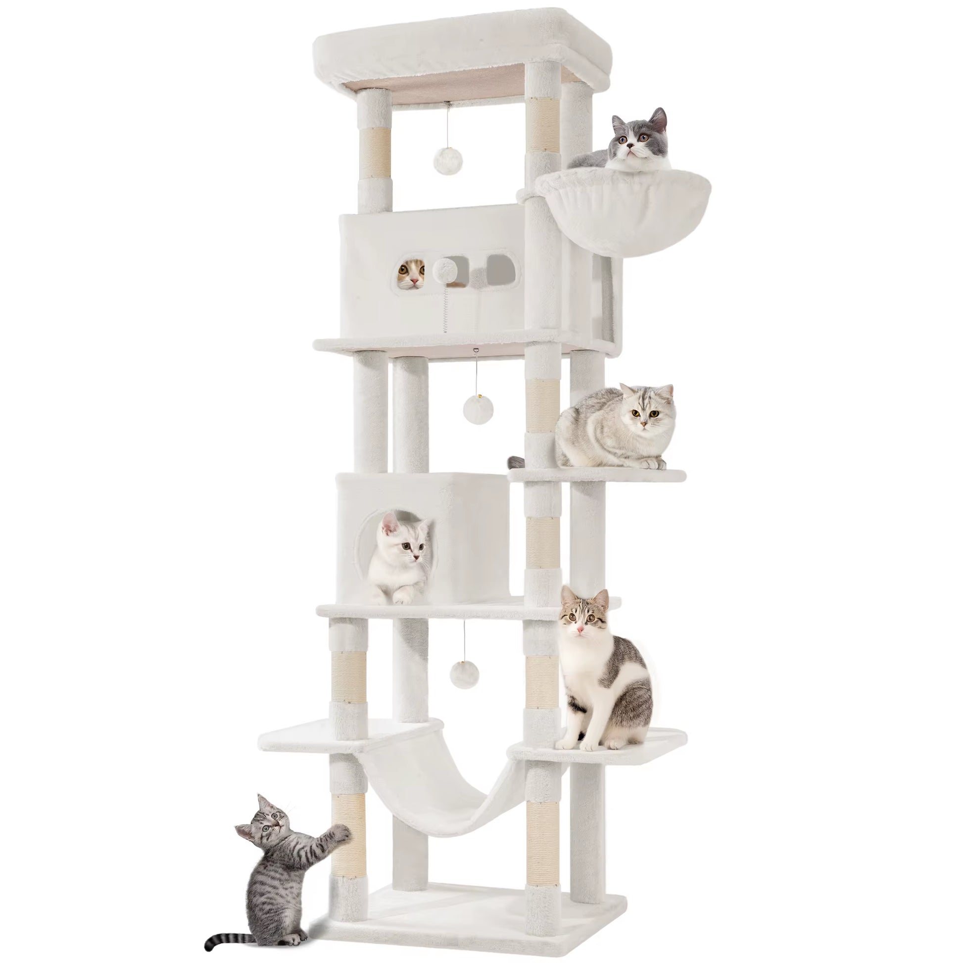 Cat Tree, 210 Cm Large Cat Tower for Indoor Cats, Multi-Level Cat House with Condo, 8 Scratching Posts, 4 Pom Poms