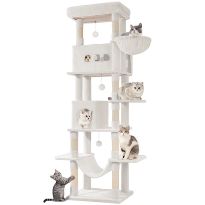 Cat Tree, 210 Cm Large Cat Tower for Indoor Cats, Multi-Level Cat House with Condo, 8 Scratching Posts, 4 Pom Poms