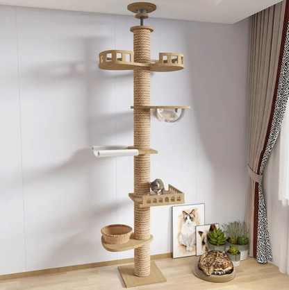 Arbre à Chat XXL en Bois Naturel – Ajustable Plafond, Ultra Stable avec Hamac, Spécial Chats de Grande Taille et Maine Coon