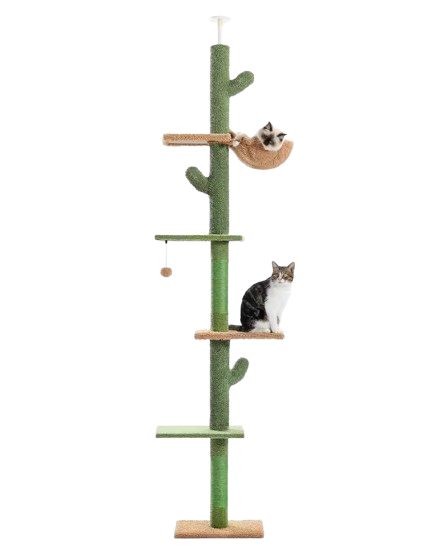 Arbre à Chat Cactus 5 Niveaux – Tour Ajustable Plafond 275 cm avec Griffoirs Sisal, Hamac & Jouet Suspendu