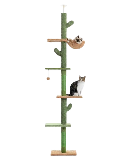 Arbre à Chat Cactus 5 Niveaux – Tour Ajustable Plafond 275 cm avec Griffoirs Sisal, Hamac & Jouet Suspendu