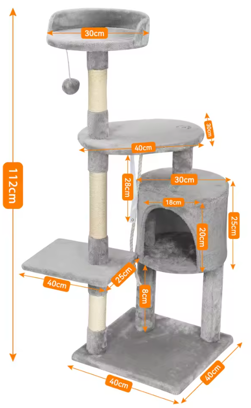 Arbre à Chat Multi-Niveaux 112cm – Cadre Compact avec Griffoirs Sisal, Condo, Plateformes & Jouet Suspendu