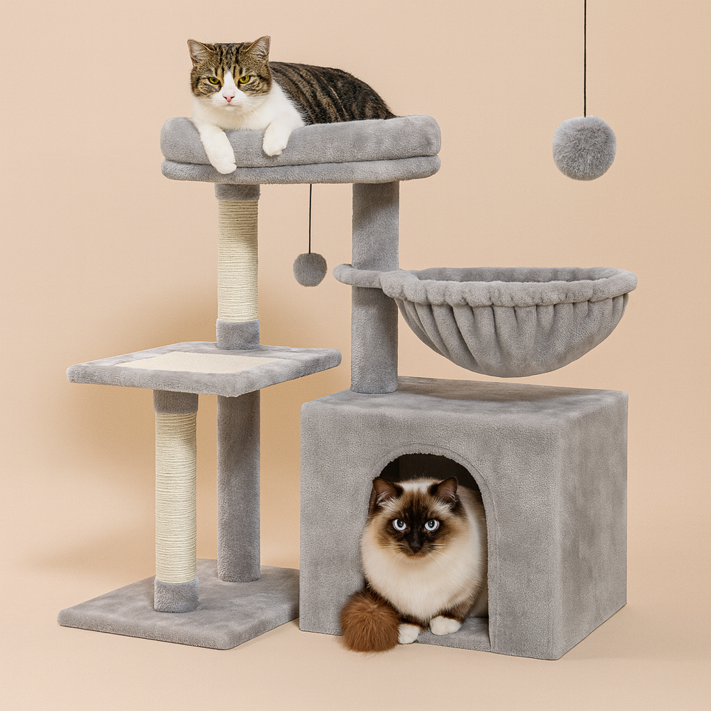 Petit Arbre à Chat Transformable pour Intérieur – Modulable, Avec Hamac, Niche, Griffoirs Sisal & Perchoir Amovible