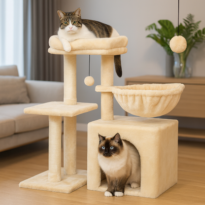 Petit Arbre à Chat Transformable pour Intérieur – Modulable, Avec Hamac, Niche, Griffoirs Sisal & Perchoir Amovible