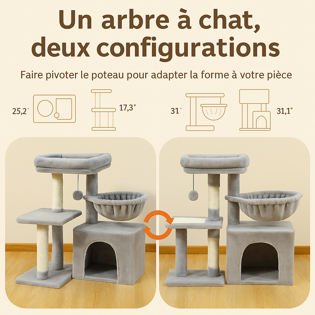 Petit Arbre à Chat Transformable pour Intérieur – Modulable, Avec Hamac, Niche, Griffoirs Sisal & Perchoir Amovible