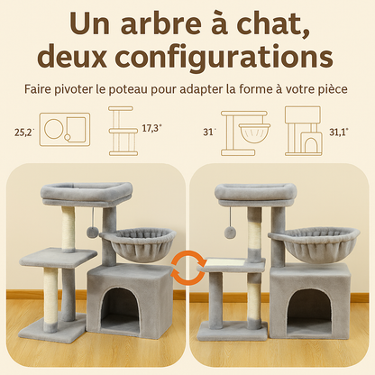 Petit Arbre à Chat Transformable pour Intérieur – Modulable, Avec Hamac, Niche, Griffoirs Sisal & Perchoir Amovible