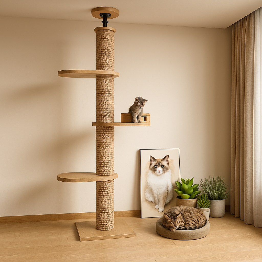 Arbre à Chat XXL en Bois Naturel – Ajustable Plafond, Ultra Stable avec Hamac, Spécial Chats de Grande Taille et Maine Coon