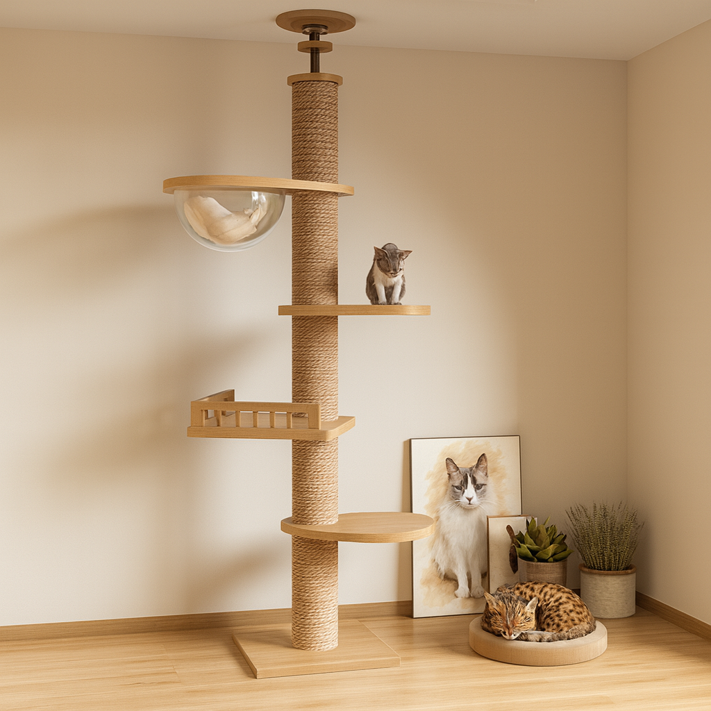 Arbre à Chat XXL en Bois Naturel – Ajustable Plafond, Ultra Stable avec Hamac, Spécial Chats de Grande Taille et Maine Coon