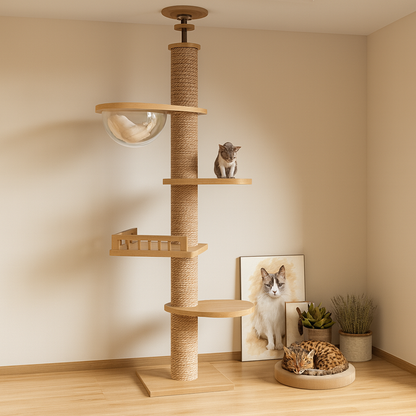 Arbre à Chat XXL en Bois Naturel – Ajustable Plafond, Ultra Stable avec Hamac, Spécial Chats de Grande Taille et Maine Coon