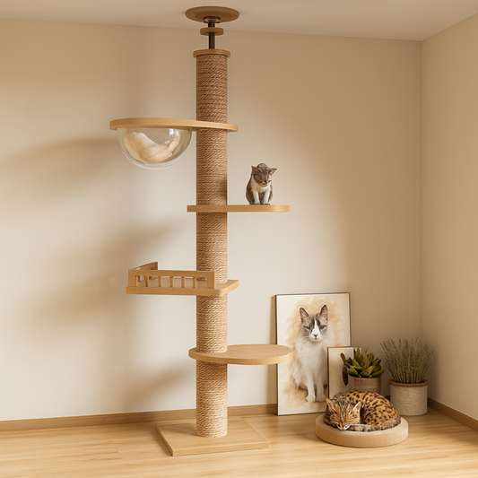 Arbre à Chat XXL en Bois Naturel – Ajustable Plafond, Ultra Stable avec Hamac, Spécial Chats de Grande Taille et Maine Coon