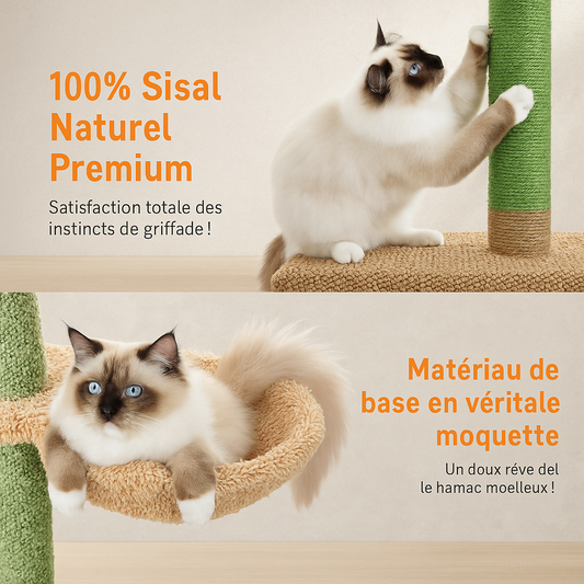Arbre à Chat Cactus 5 Niveaux – Tour Ajustable Plafond 275 cm avec Griffoirs Sisal, Hamac & Jouet Suspendu