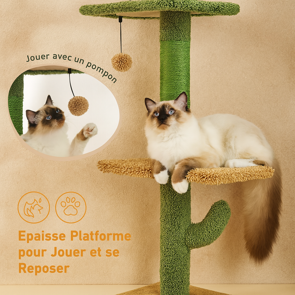 Arbre à Chat Cactus 5 Niveaux – Tour Ajustable Plafond 275 cm avec Griffoirs Sisal, Hamac & Jouet Suspendu