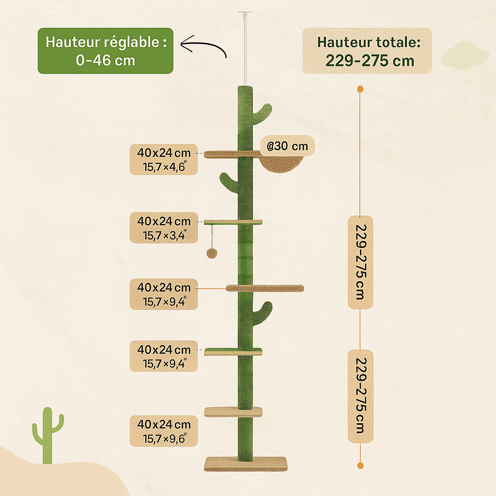 Arbre à Chat Cactus 5 Niveaux – Tour Ajustable Plafond 275 cm avec Griffoirs Sisal, Hamac & Jouet Suspendu