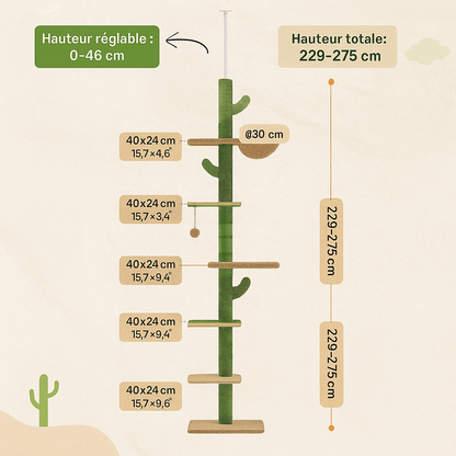 Arbre à Chat Cactus 5 Niveaux – Tour Ajustable Plafond 275 cm avec Griffoirs Sisal, Hamac & Jouet Suspendu
