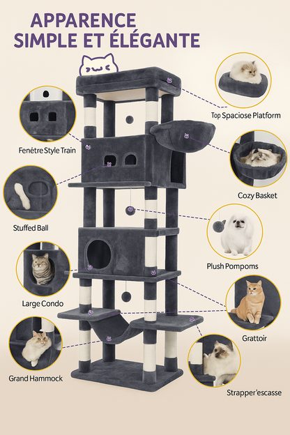 Arbre à Chat 210 cm XXL – Tour Multi-Niveaux avec Condos, Hamac, Griffoirs Sisal, Panier Haut & Pompons de Rechange