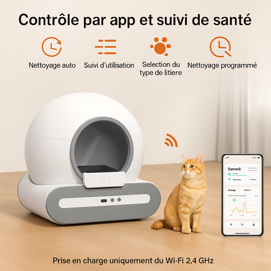 Litière Autonettoyante Connectée 65L pour Chat – Bac Compact avec App, Capteurs de Sécurité, Tapis & Sacs Inclus