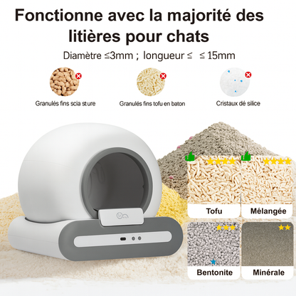 Litière Autonettoyante Connectée 65L pour Chat – Bac Compact avec App, Capteurs de Sécurité, Tapis & Sacs Inclus