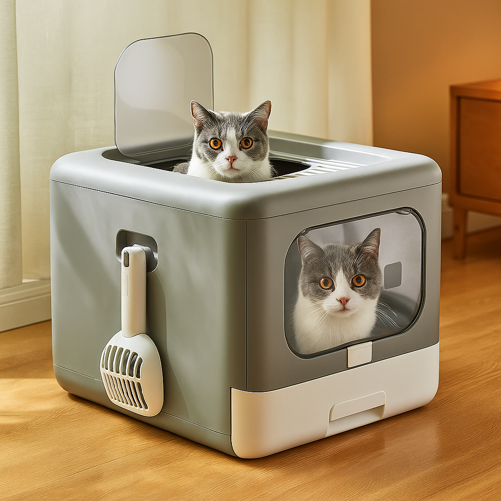 Bac à Litière Fermé pour Chat – Pliable avec Pelle, Double Entrée, Tiroir Nettoyage Facile & Filtration Anti-Odeurs