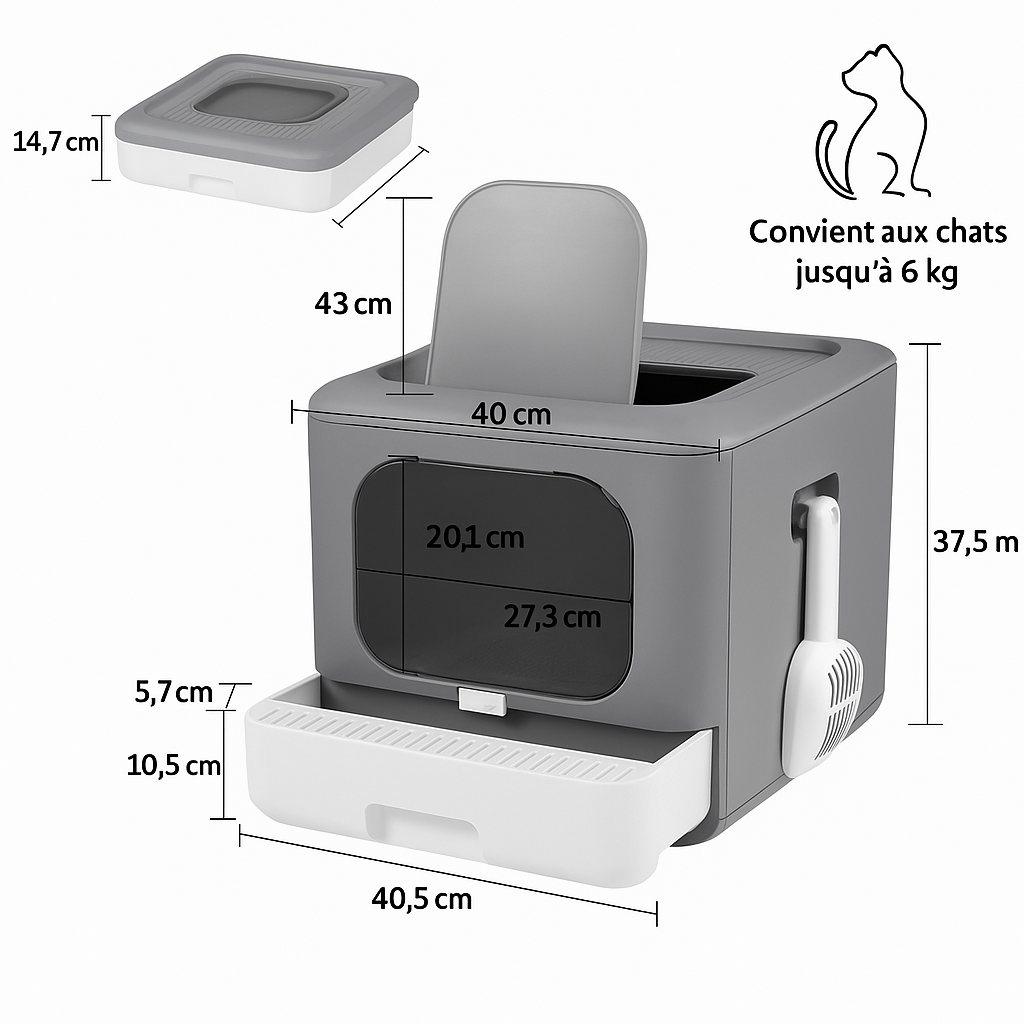 Bac à Litière Fermé pour Chat – Pliable avec Pelle, Double Entrée, Tiroir Nettoyage Facile & Filtration Anti-Odeurs