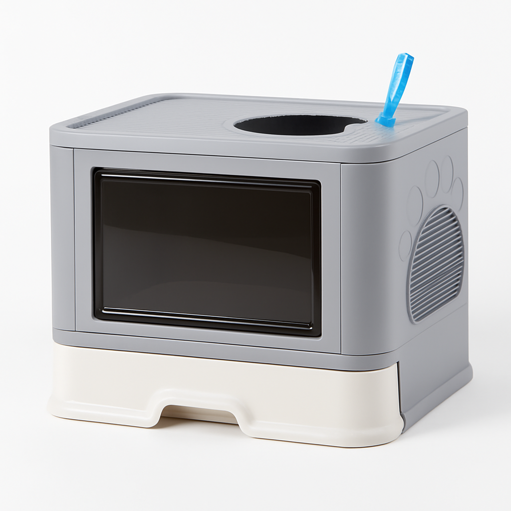 Bac à Litière Pliable pour Chat – Double Entrée, Tiroir Nettoyage Facile, Massageur Intégré & Pelle Incluse