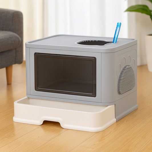 Bac à Litière Pliable pour Chat – Double Entrée, Tiroir Nettoyage Facile, Massageur Intégré & Pelle Incluse