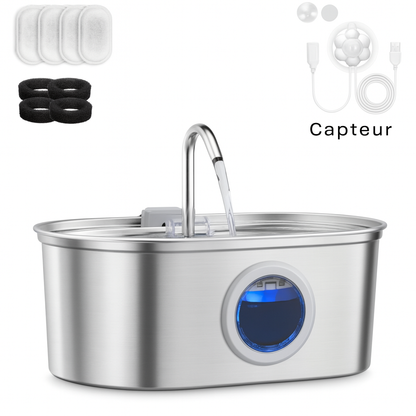Fontaine à Eau Chat 3.2L Inox – Eau Filtrée Continue avec Pompe USB – Silencieuse et Facile à Nettoyer