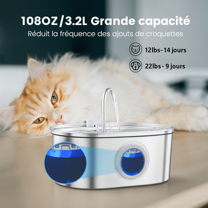 Fontaine à Eau Chat 3.2L Inox – Eau Filtrée Continue avec Pompe USB – Silencieuse et Facile à Nettoyer
