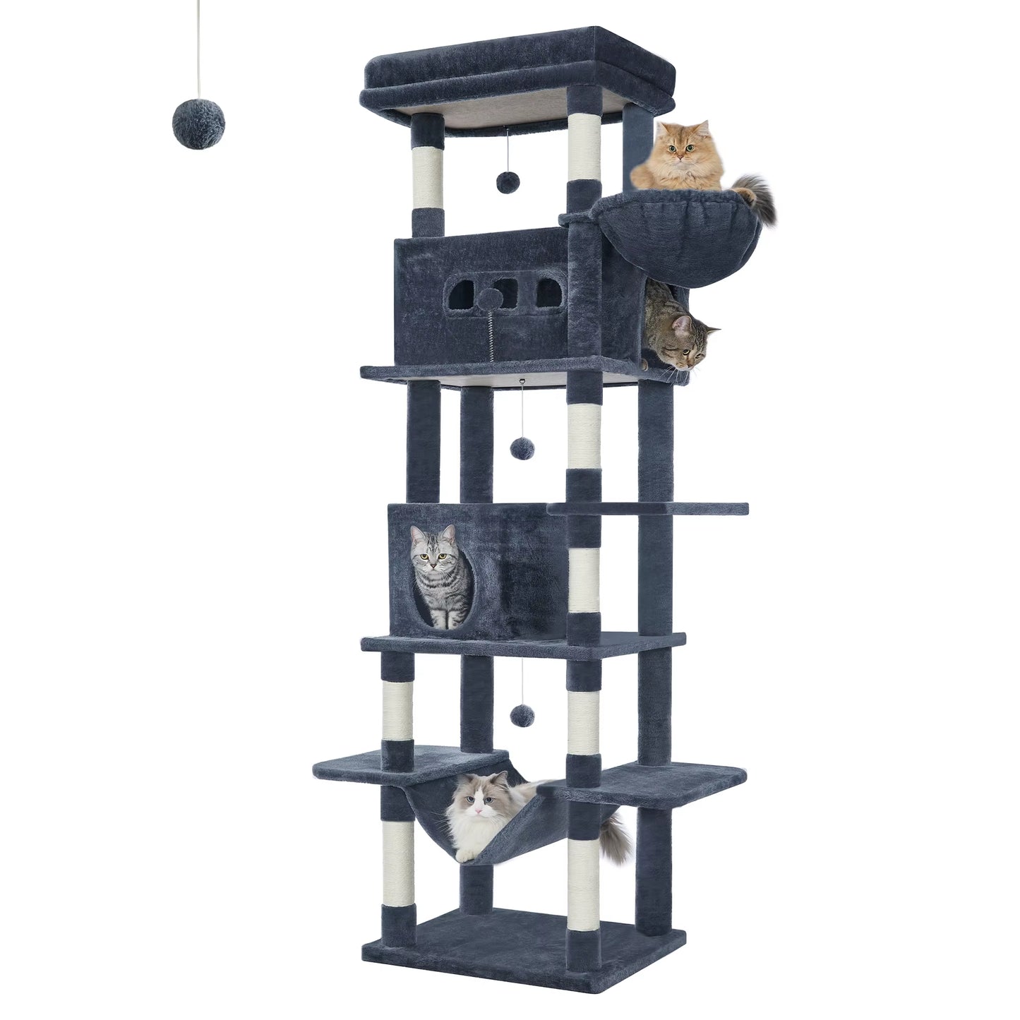 Cat Tree, 210 Cm Large Cat Tower for Indoor Cats, Multi-Level Cat House with Condo, 8 Scratching Posts, 4 Pom Poms