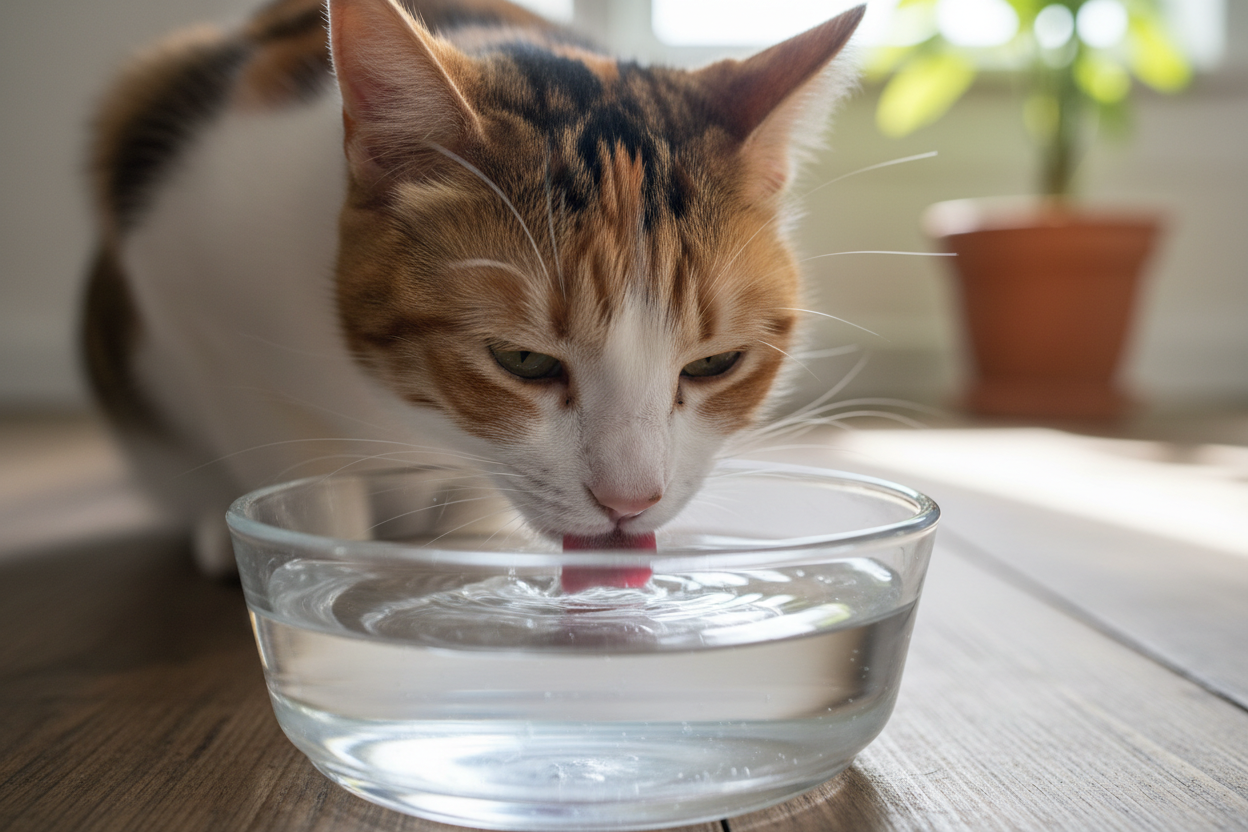 chat qui boit de l'eau