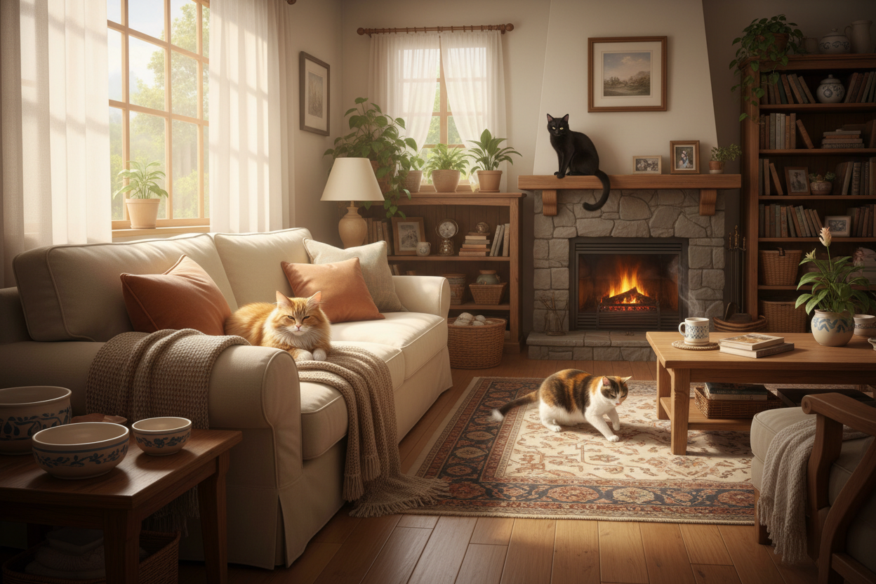 chat sur un canaper dans un salon (3 chat dans la maison 