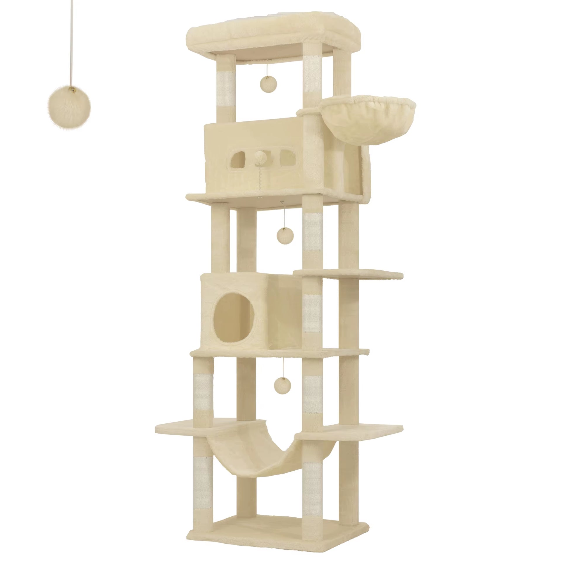 Cat Tree, 210 Cm Large Cat Tower for Indoor Cats, Multi-Level Cat House with Condo, 8 Scratching Posts, 4 Pom Poms