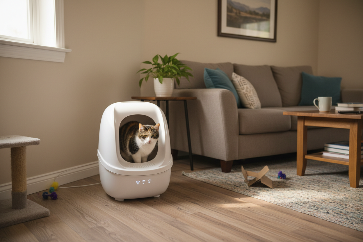 fait l'interieur dune maison basic avec une litierre automatique pour chat avec un chat a l'interieur 