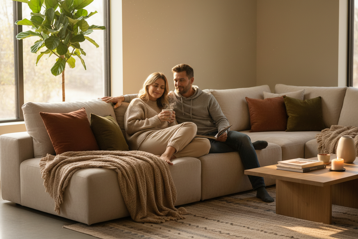 femme et homme qui se détende sur un canaper 