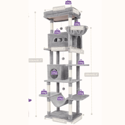 Arbre à Chat 210 cm XXL – Tour Multi-Niveaux avec Condos, Hamac, Griffoirs Sisal, Panier Haut & Pompons de Rechange
