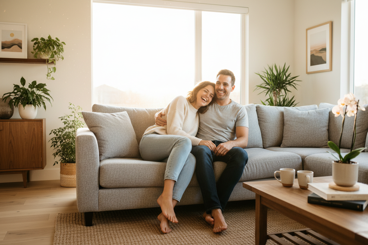une femme et un homme heureux dans une maison assis sur un canaper limage doit etre realiste 